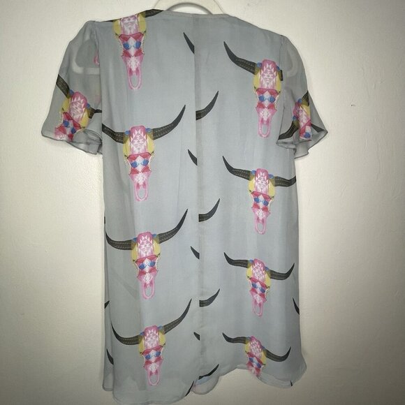 Show Me Your Mumu Kyle Mini Dress Womens M Blue Chiffon Cow Skull Western Boho - Picture 3 of 12